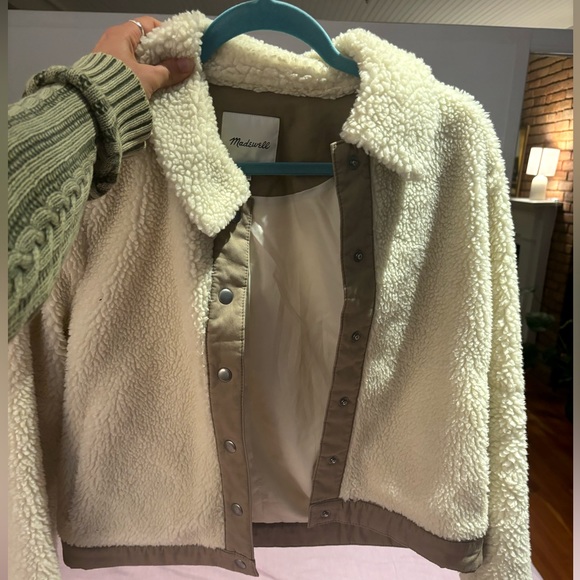 Madewell Portland Sherpa Jacket Teddy Coat Cream Bomber Snap Front Size Medium - Picture 1 of 5